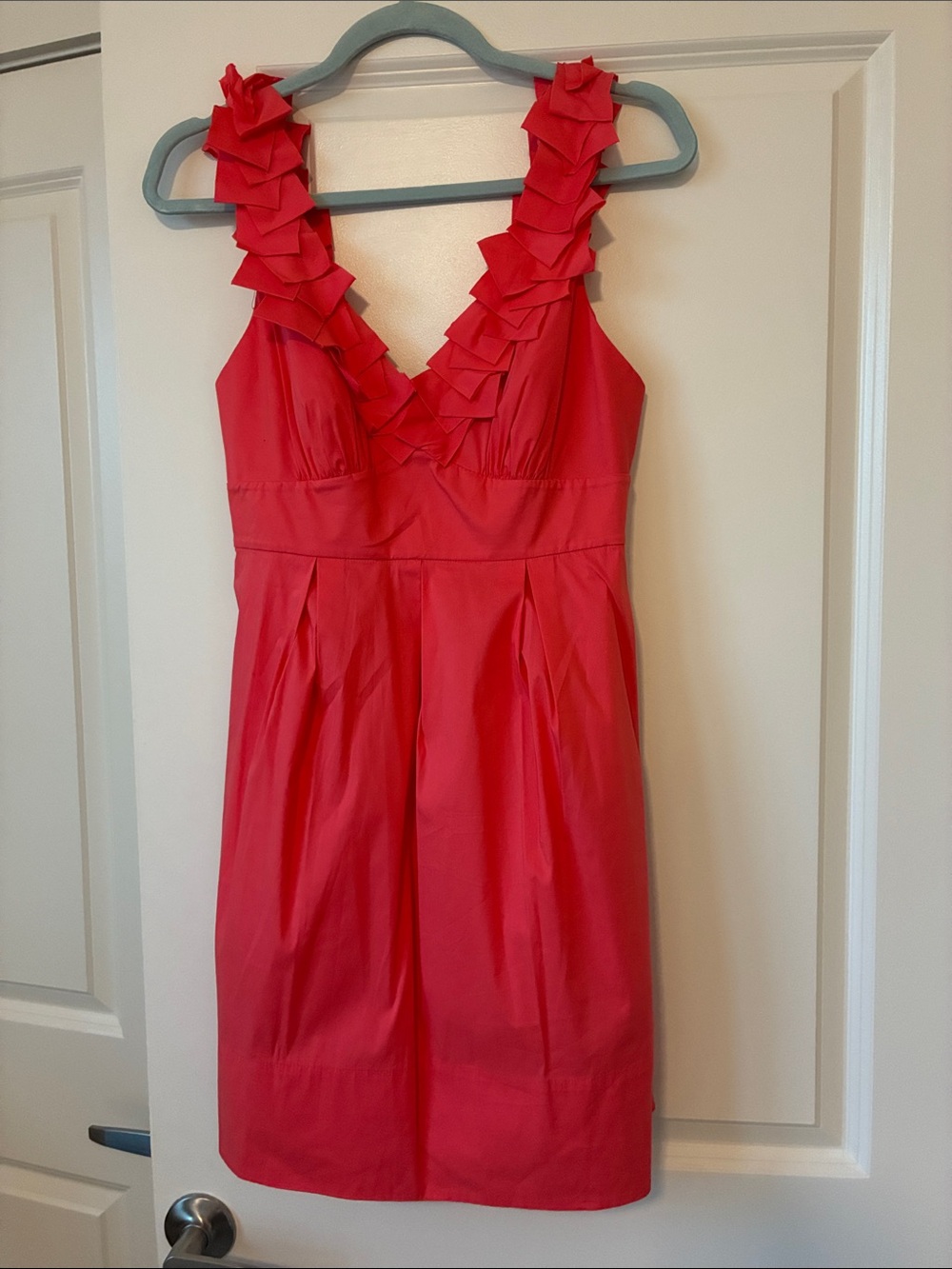 BCBGMaxAzria Coral Red Ruffle V-Neck Sheath Dress